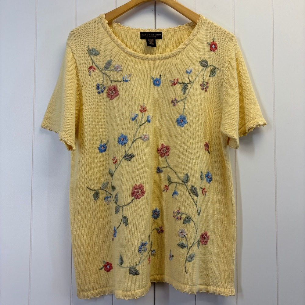 Vintage Salon Studio Cottage Garden Floral Embroidered Knit Top Women XL Novelty